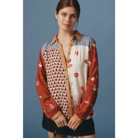 nwt ANTHROPOLOGIE MAEVE sz XL The Paz Buttondown in Lipstick and dotsMotif - Picture 1 of 5